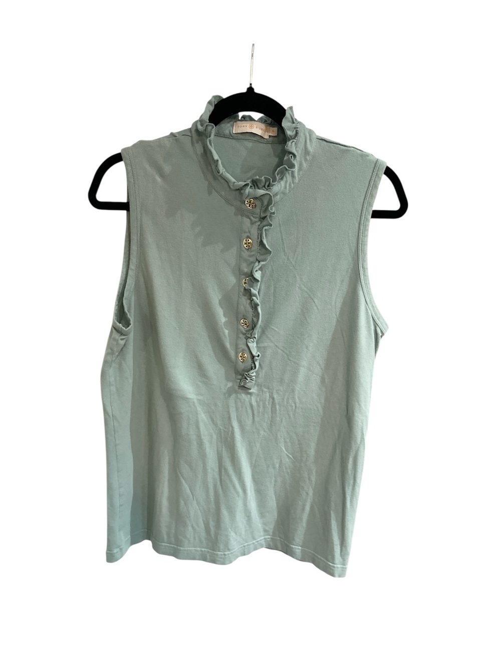 Tory Burch Ruffle Henley Sleeveless Tank in Sage Green